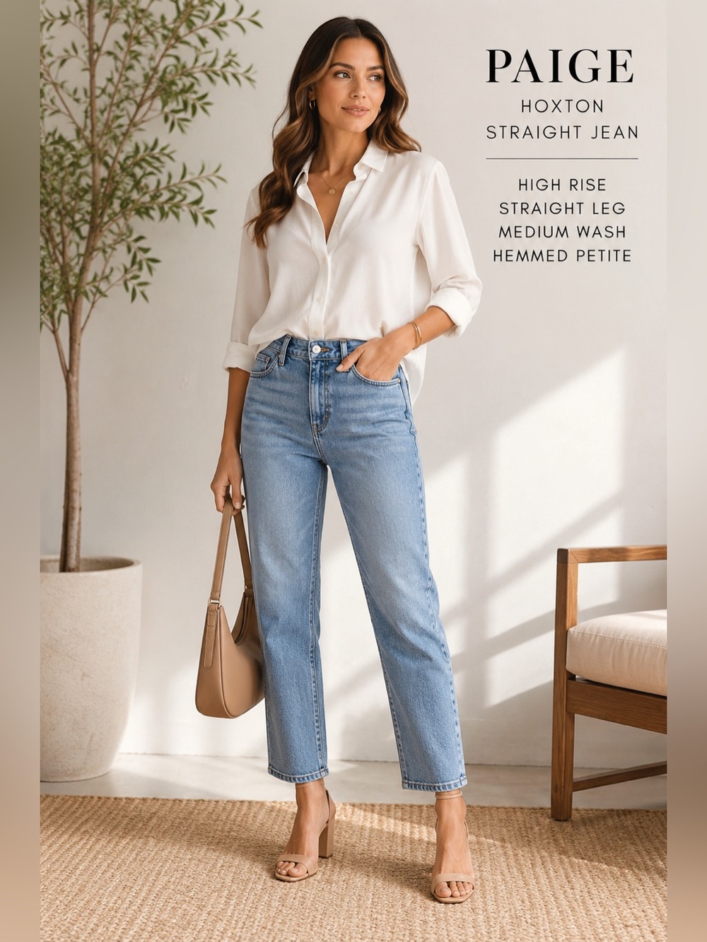 PAIGE Hoxton High Rise Straight Jeans 32 Medium Wash Hemmed Petite